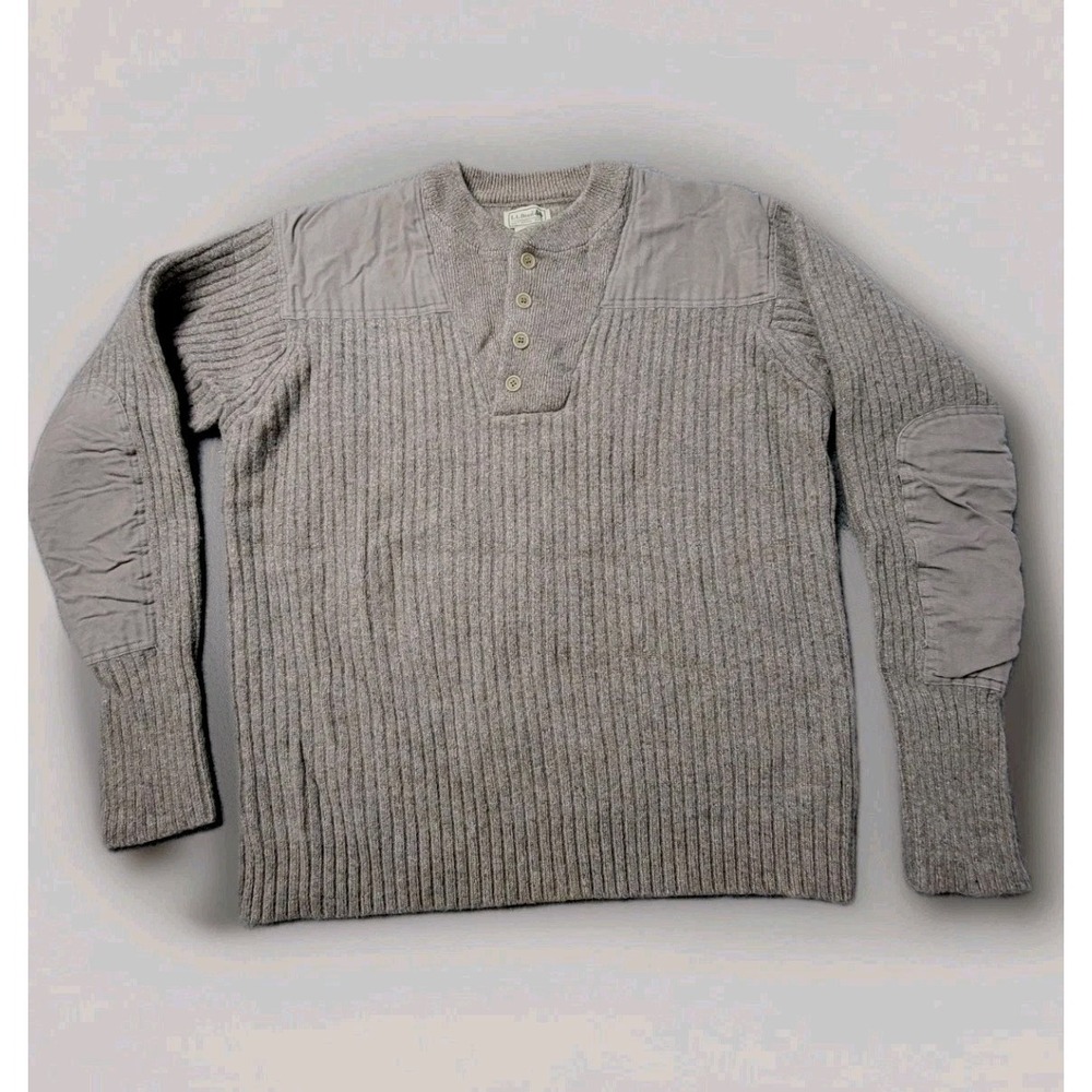 Vtg L.L. Bean Merino Lambswool Henley Sweater Mens XL Brown Elbow Patch 228198